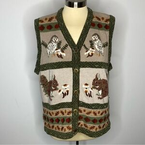 Northern Reflections Vintage Fall Acorn Owl Squirrel Button Front Sweater Vest